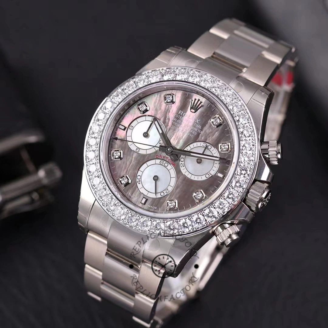 Rolex Daytona M126579RBR-0001, three-quarter view showing bezel sparkle and screw-down pushers.