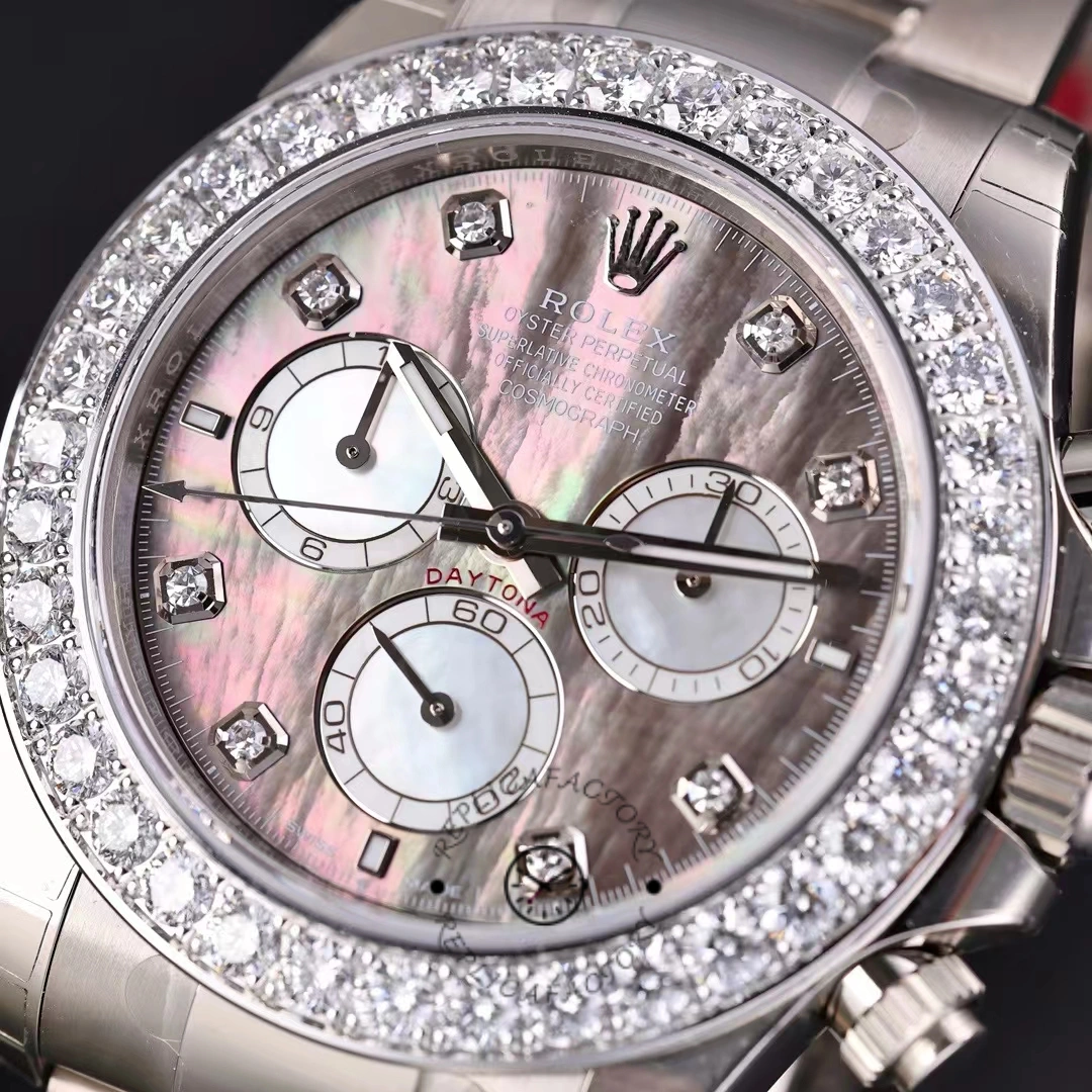 Rolex Daytona M126579RBR-0001, dial close-up with diamond hour markers and subdials on MOP face.