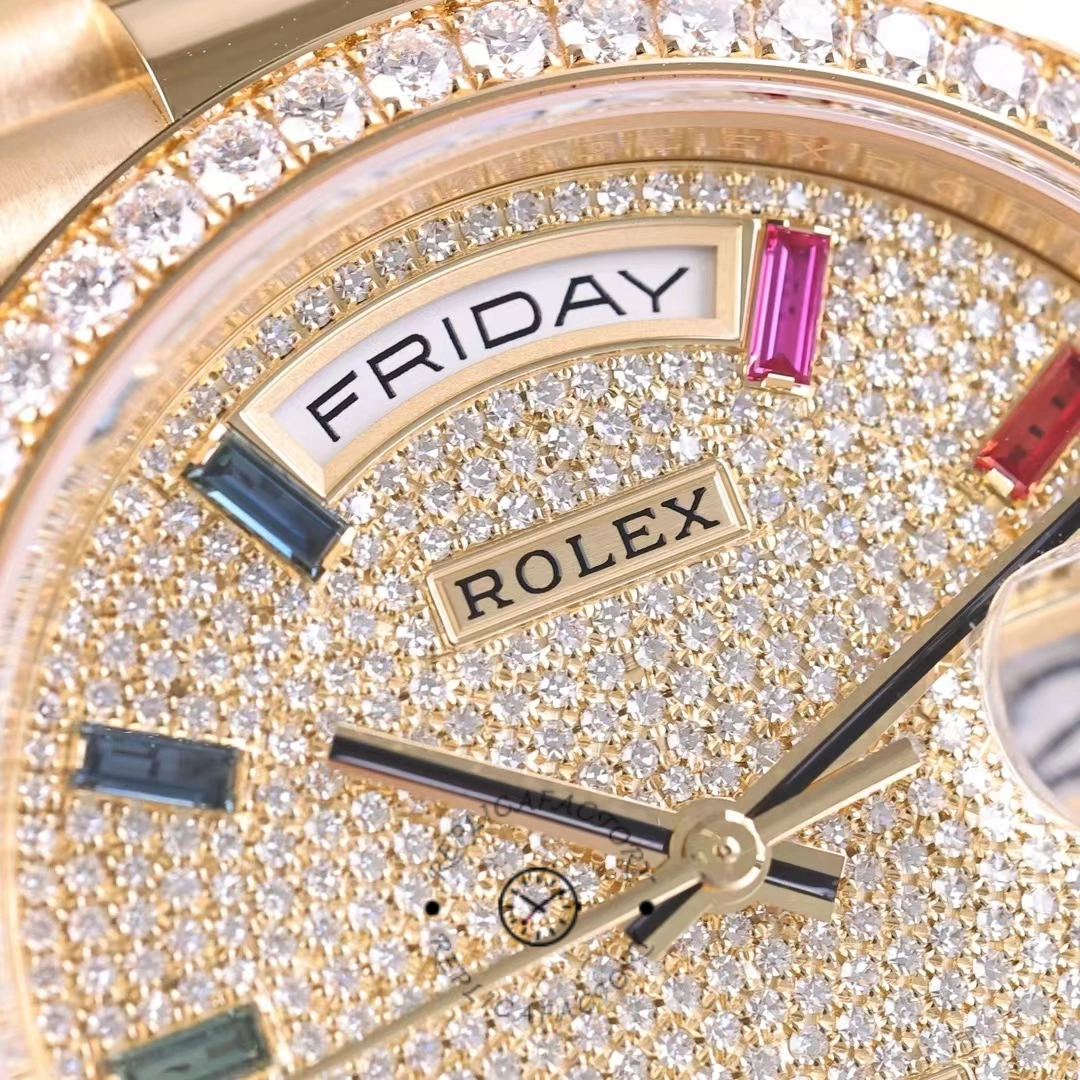 Rolex Day Date 36mm Yellow Gold 128348RBR 0030 Pave Rainbow Diamonds Sapphires Dial