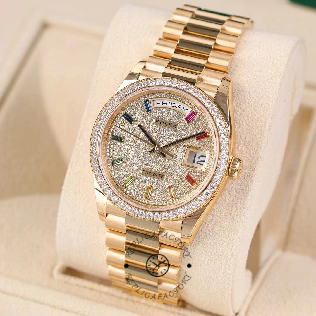 Rolex Day Date 36mm Yellow Gold 128348RBR 0030 Pave Rainbow Diamonds Sapphires Dial