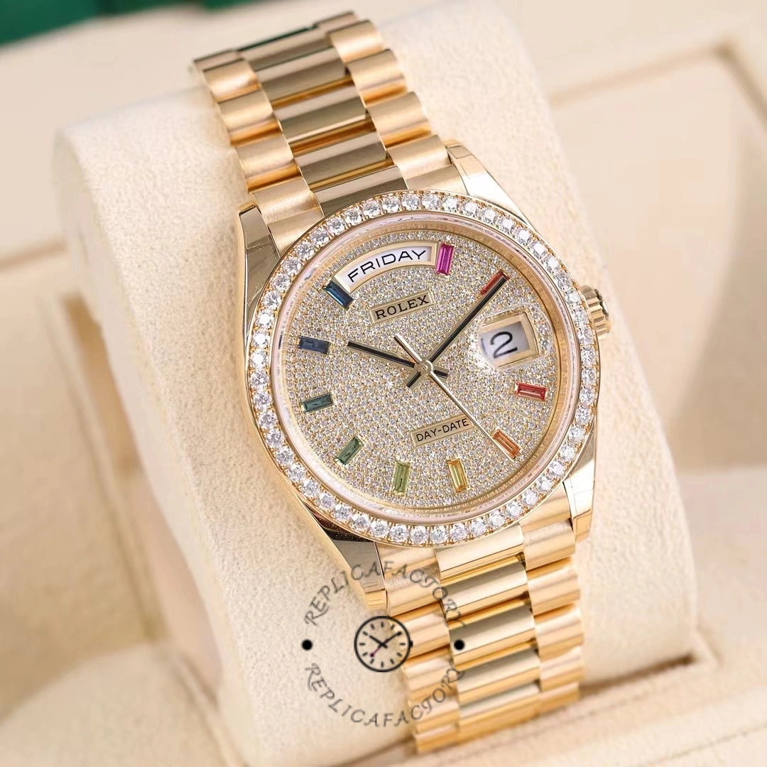 Rolex Day Date 36mm Yellow Gold 128348RBR 0030 Pave Rainbow Diamonds Sapphires Dial