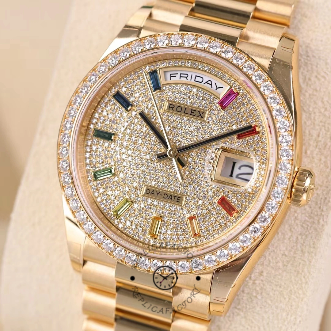 Rolex Day Date 36mm Yellow Gold 128348RBR 0030 Pave Rainbow Diamonds Sapphires Dial