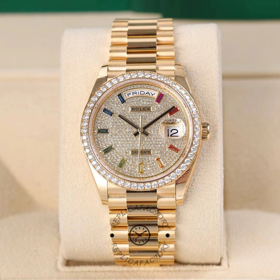 Rolex Day Date 36mm Yellow Gold 128348RBR 0030 Pave Rainbow Diamonds Sapphires Dial