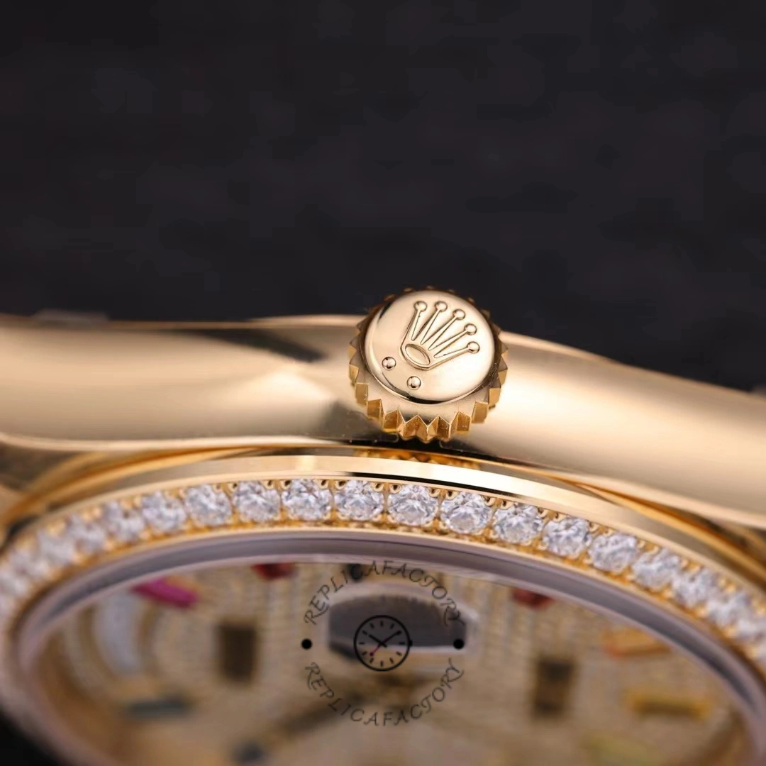 Rolex Day Date 36mm Yellow Gold 128348RBR 0030 Pave Rainbow Diamonds Sapphires Dial