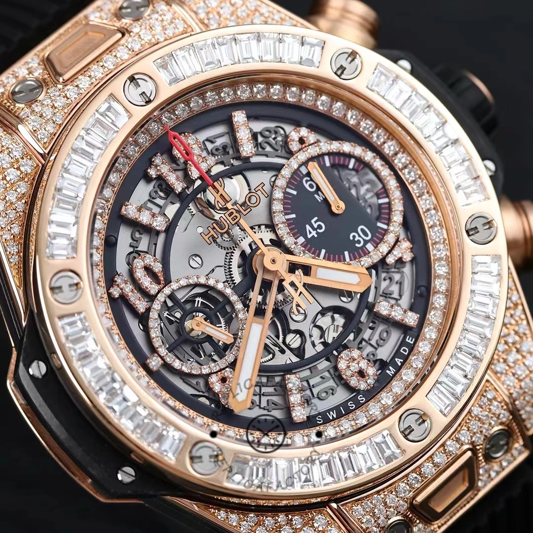 Close-up of Hublot Big Bang 421.OX.1180.RX.0904 focusing on diamond bezel and skeleton chronograph details.