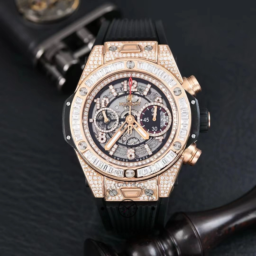 Studio front view of Hublot Big Bang 421.OX.1180.RX.0904 showing skeleton dial and diamond bezel.