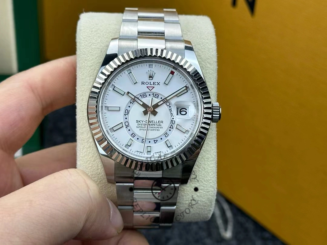 Rolex Sky-Dweller 326934, white dial, stainless steel, hand-held front view.