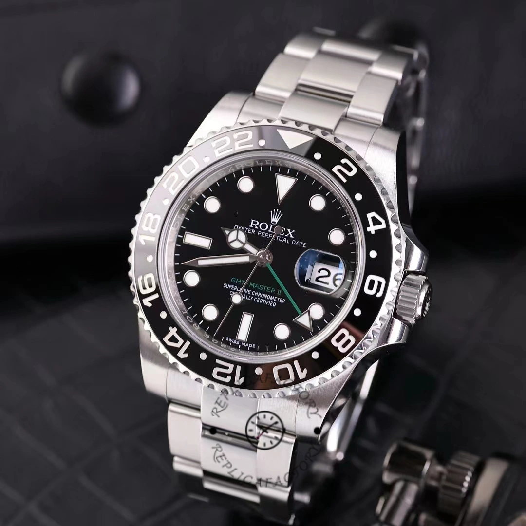 Rolex GMT-Master II 116710LN, angled view showing case, bezel, and steel bracelet links.