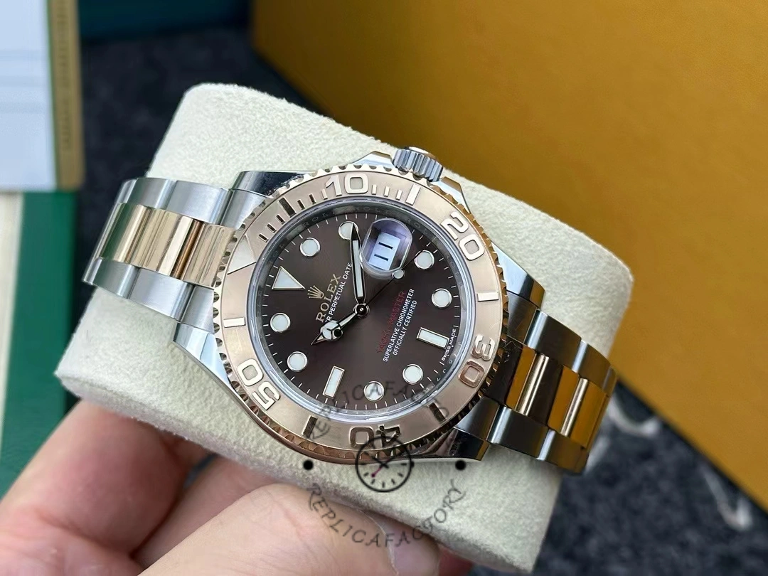 Rolex Yacht-Master 116621 on watch roll, top view of chocolate dial.