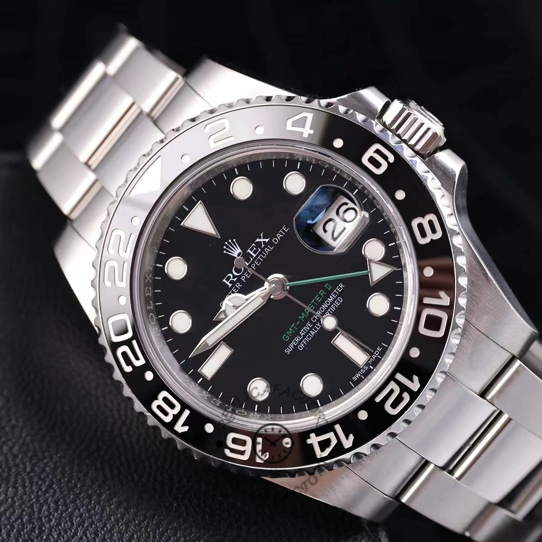 Rolex GMT-Master II 116710LN, angled view highlighting bezel teeth and crown side.