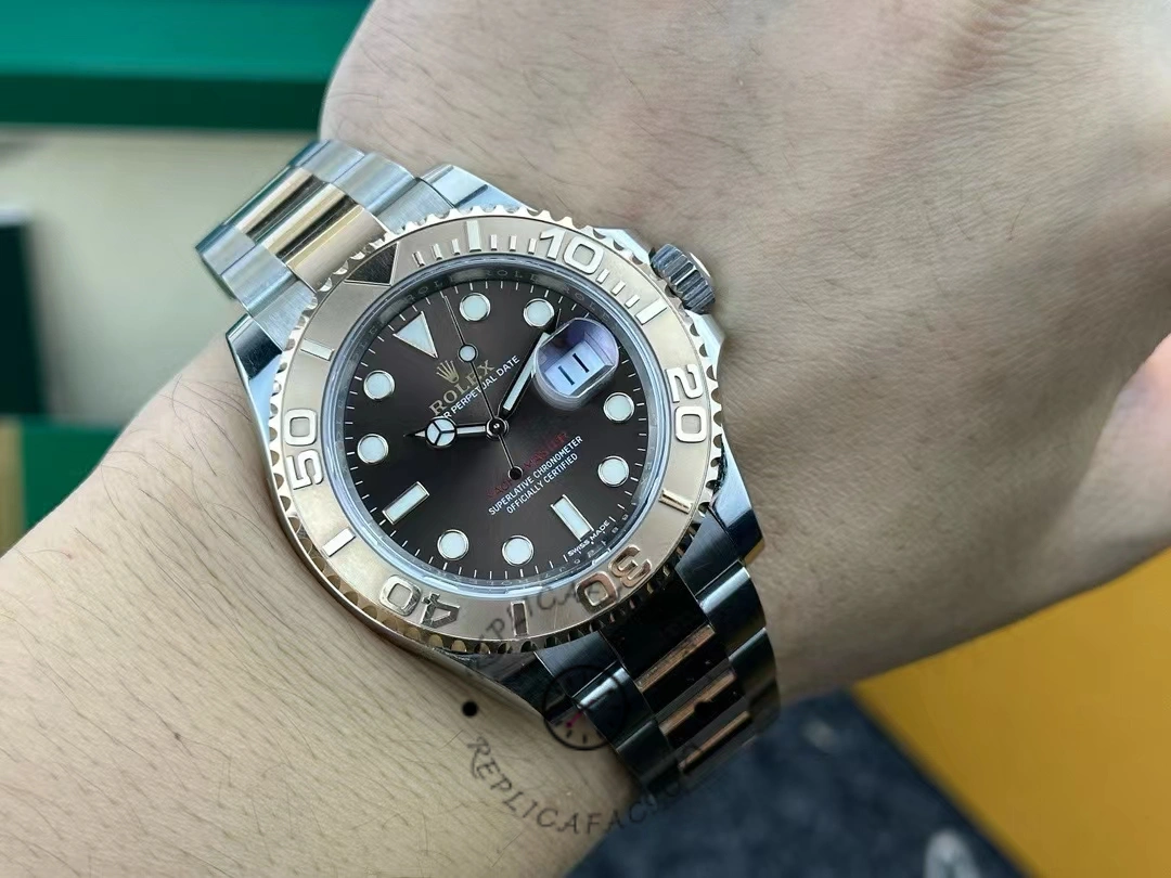 Wrist shot of Rolex Yacht-Master 116621, chocolate dial, Everose Rolesor.