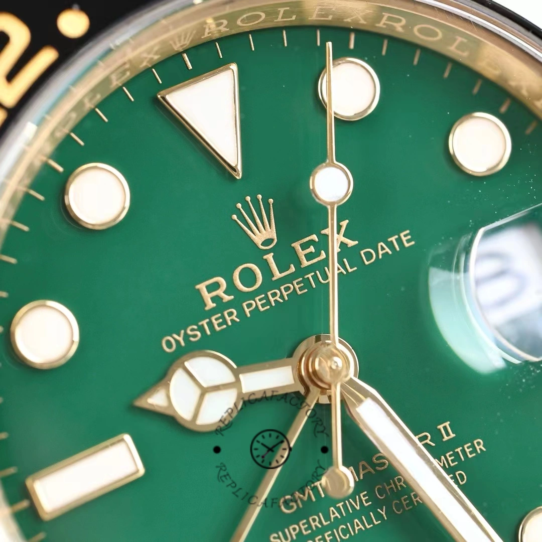 Rolex GMT-Master II 116718LN, dial macro showing markers, hands, and green dial texture.