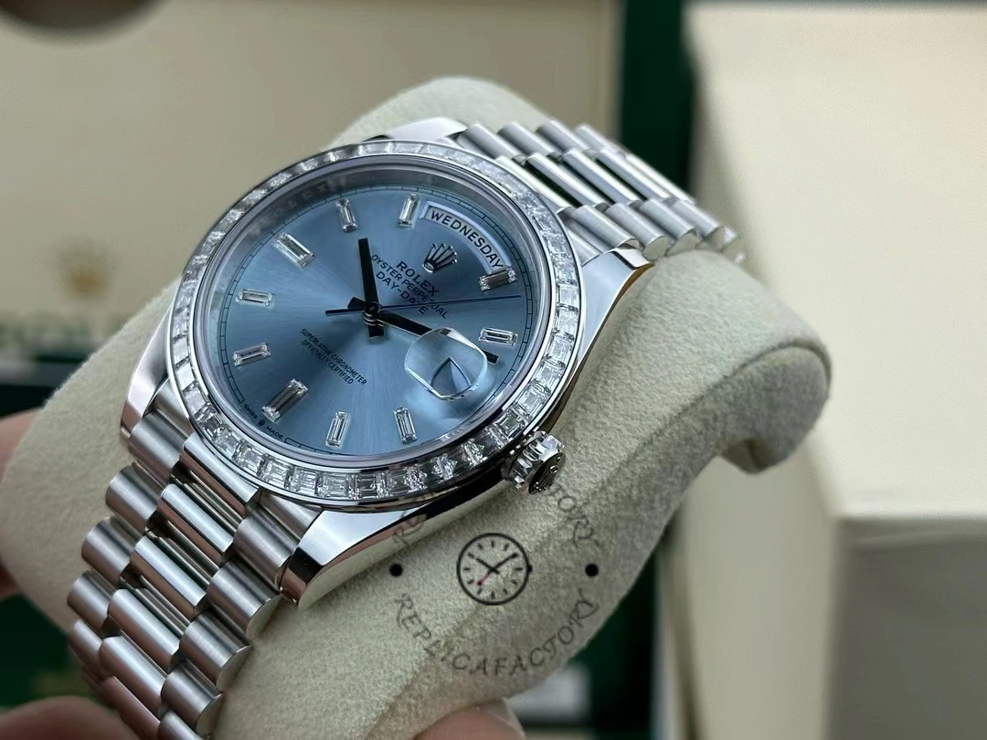Rolex Day-Date 228396TBR Ice Blue Diamond Dial Diamond Bezel 40mm Mens Replica Watch