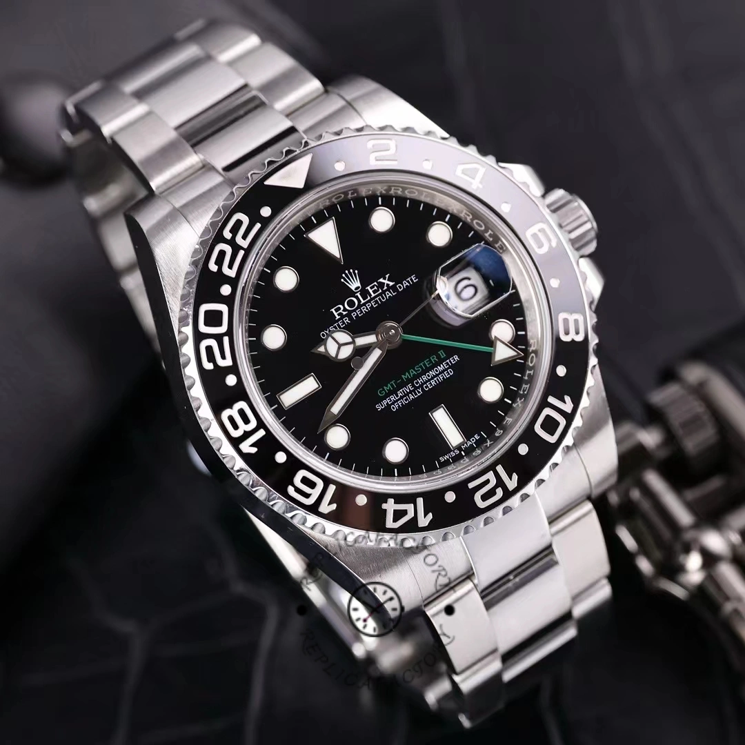 Rolex GMT-Master II 116710LN, three-quarter view showing black dial and polished case.
