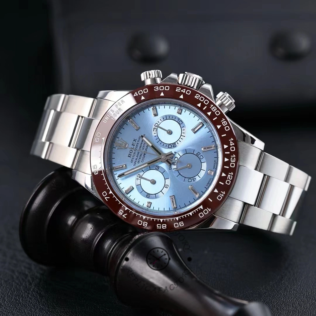 Close-up of Rolex Daytona 116506 on stand showing ice blue dial and subdials.