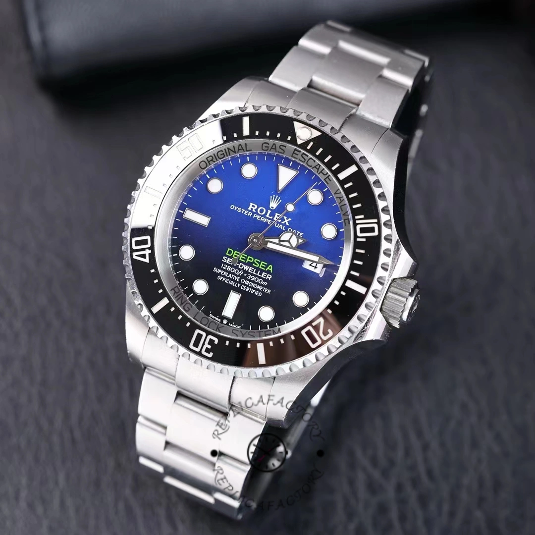Rolex Sea-Dweller Deepsea 116660, angled view showing D-Blue dial and steel bracelet.