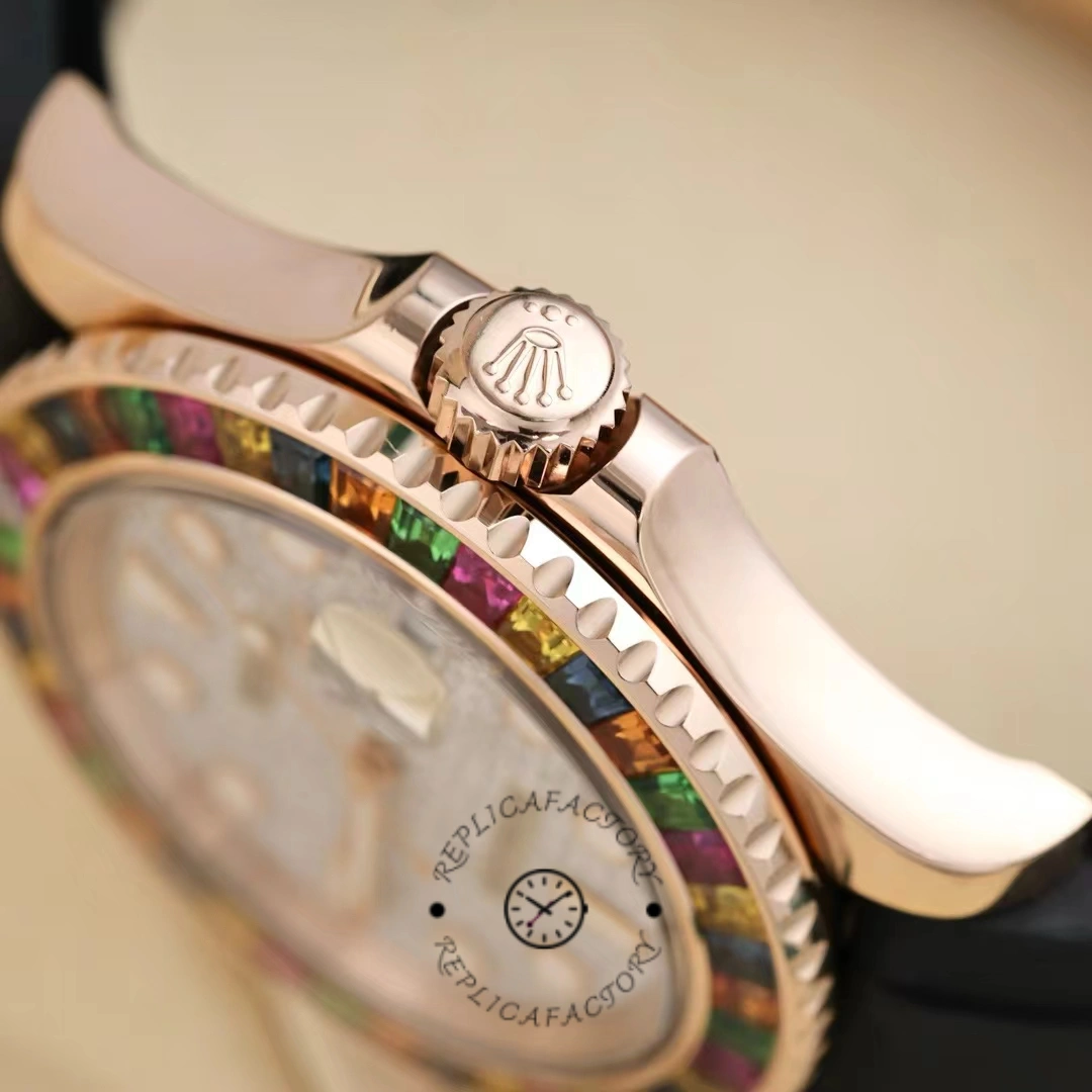 Side profile of the Rolex Yacht-Master 116695SATS showing case thickness, crown, and bezel height.