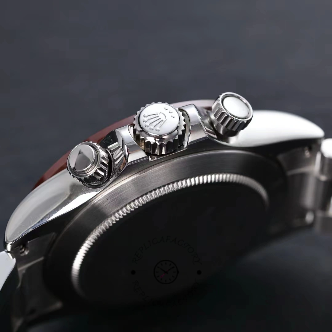 Side profile of Rolex Daytona 116506 showing crown and chronograph pushers.