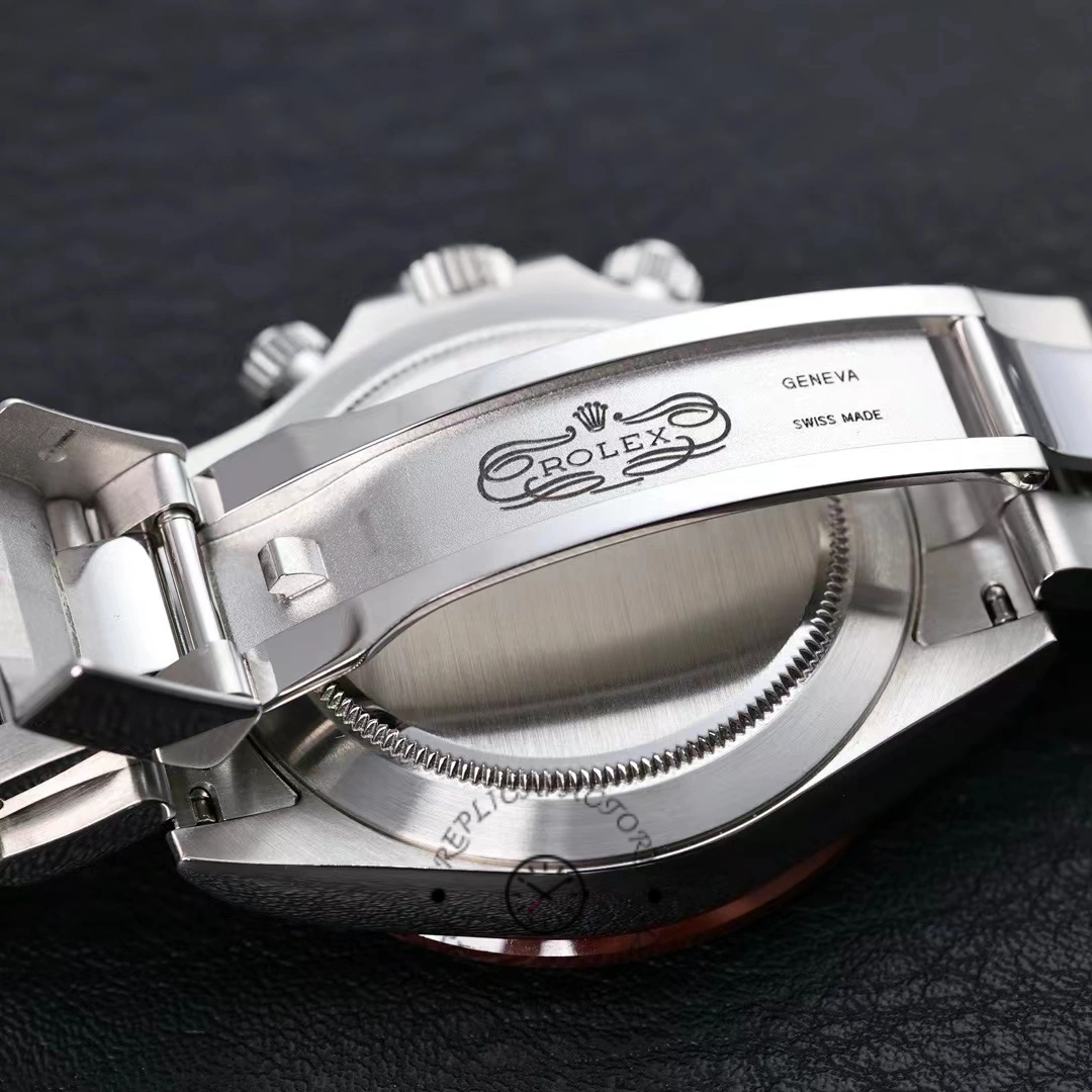 Clasp close-up of Rolex Daytona 116506 showing Rolex engraving on folding clasp.