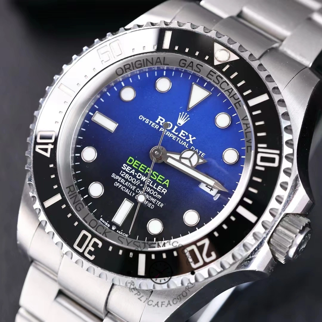 Rolex Sea-Dweller Deepsea 116660, dial close-up showing gradient D-Blue and date magnifier.
