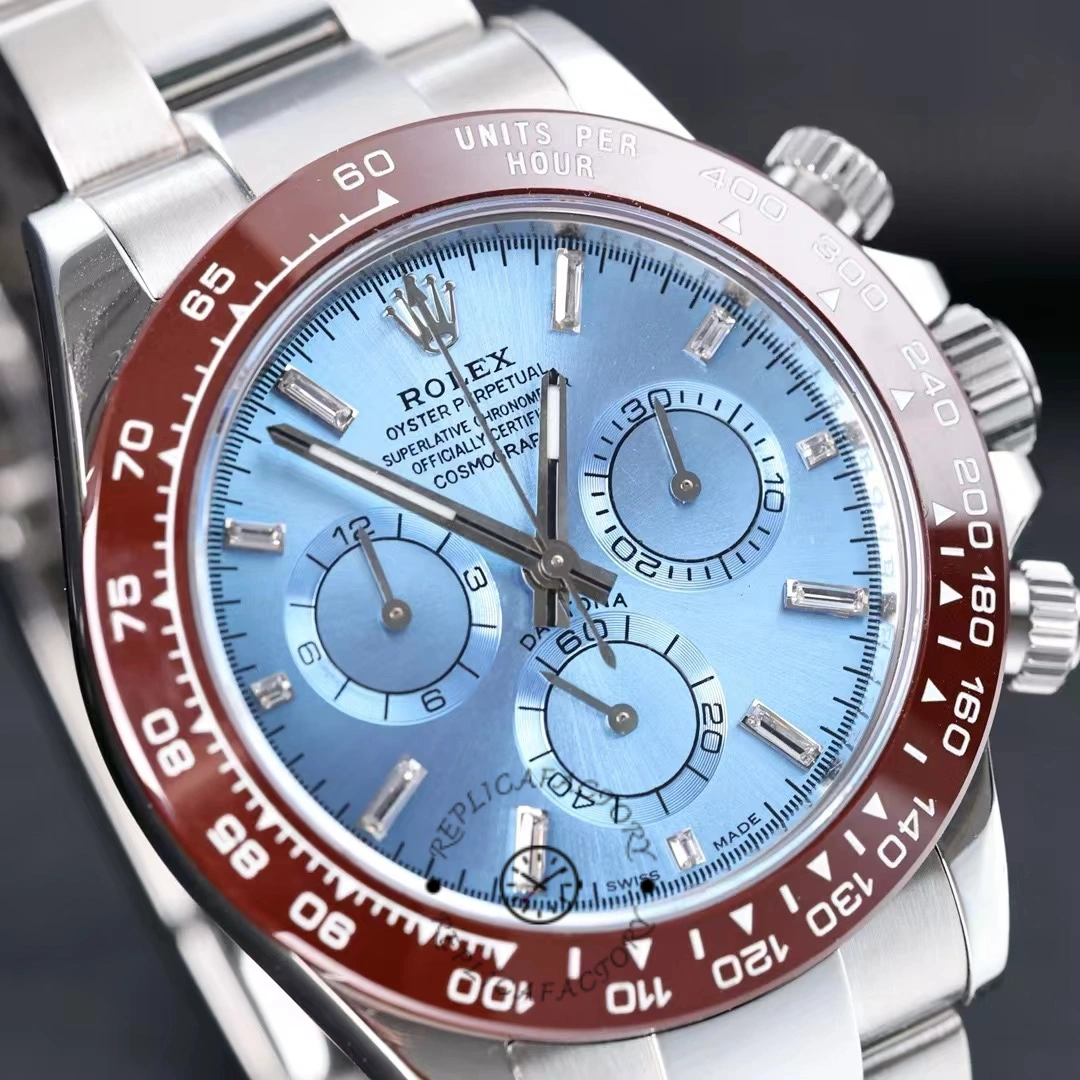 Dial close-up of Rolex Daytona 116506 highlighting ice blue dial and chronograph subdials.