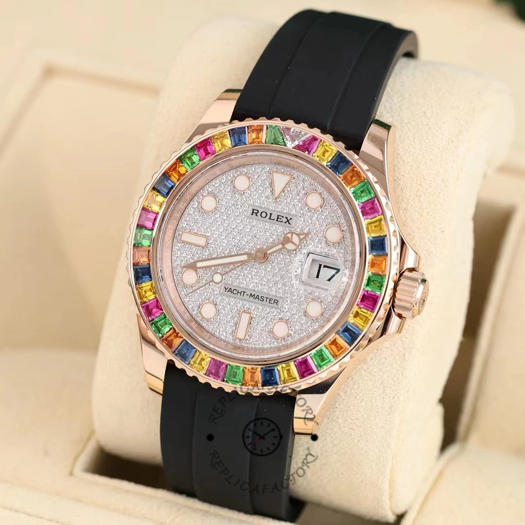 Angled view of the Rolex Yacht-Master 116695SATS on cushion, bezel stones and dial visible.