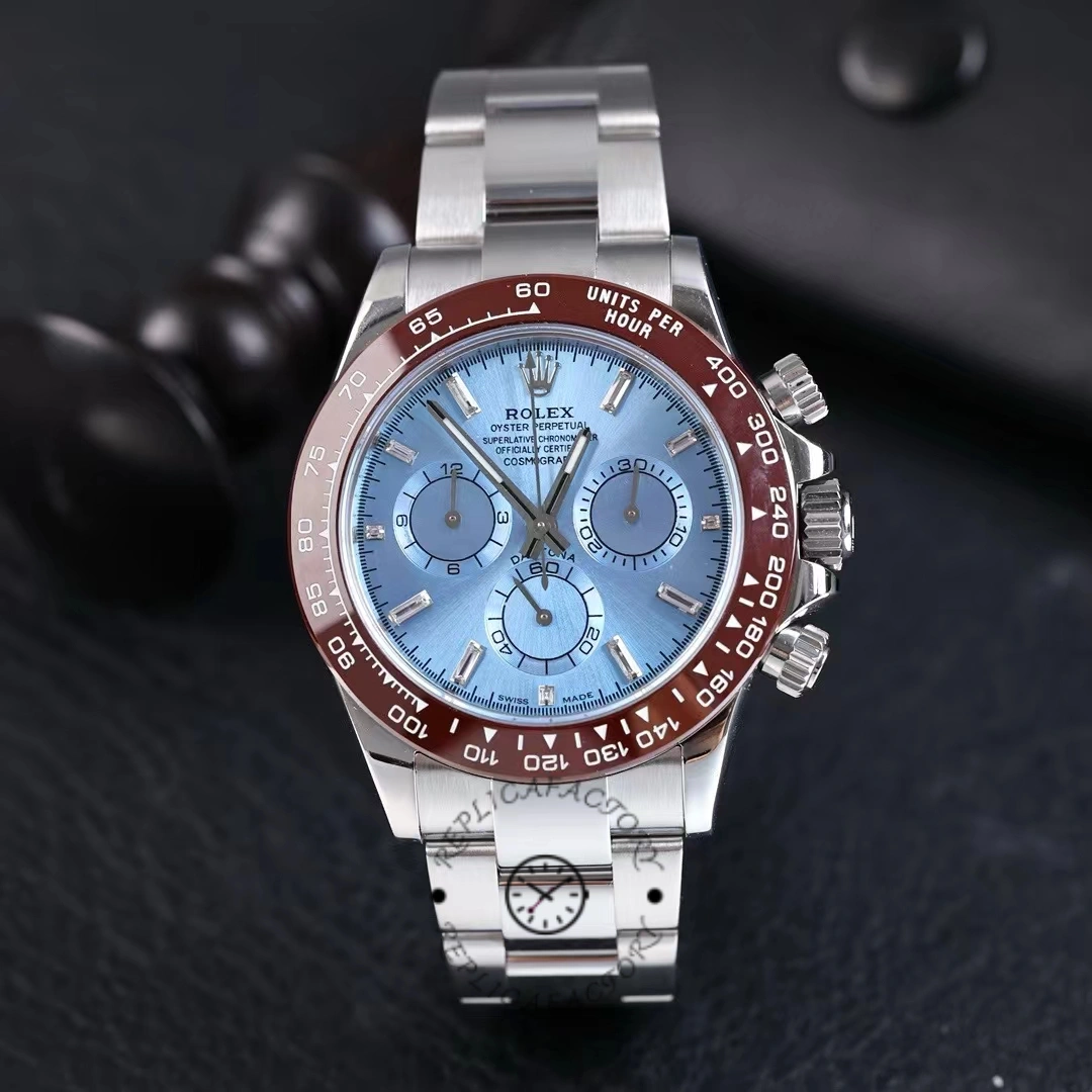 Studio front view of Rolex Daytona 116506 showing ice blue dial and brown bezel.