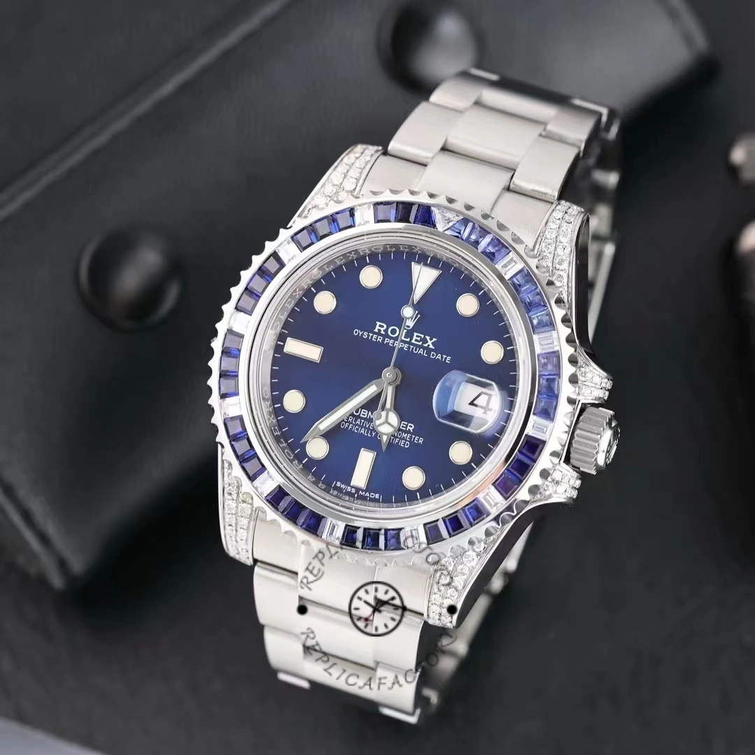 Rolex Submariner Date 116610LN, blue dial diamond bezel, product shot on black background.