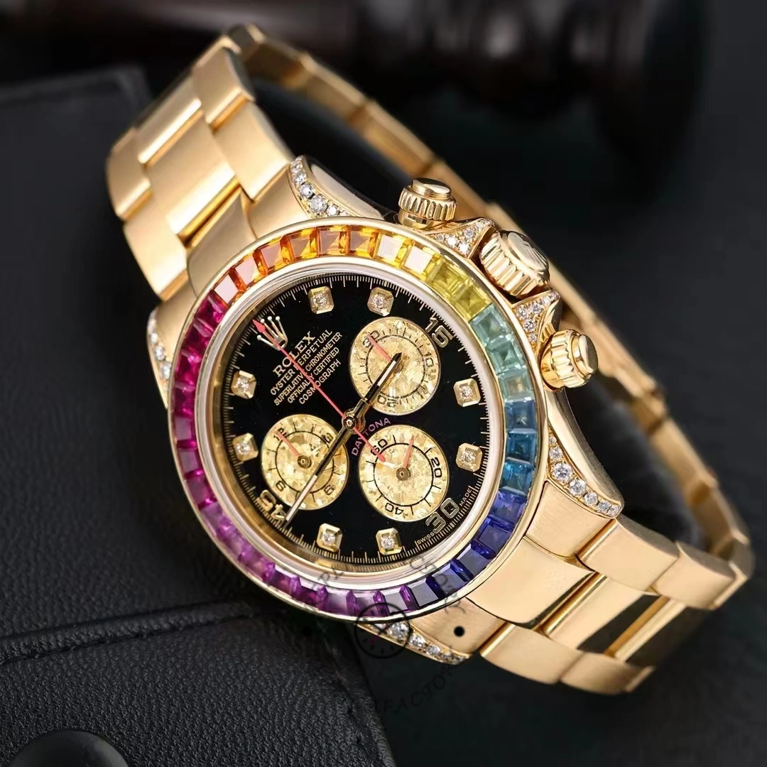 Close-up of Rolex Daytona 116598RBOW dial with chronograph counters and diamond indexes.