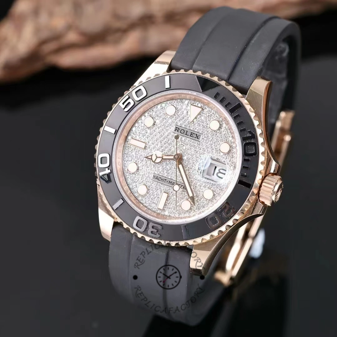 Rolex Yacht-Master 126655 angled view, pavé diamond dial, Everose case, Oysterflex strap.