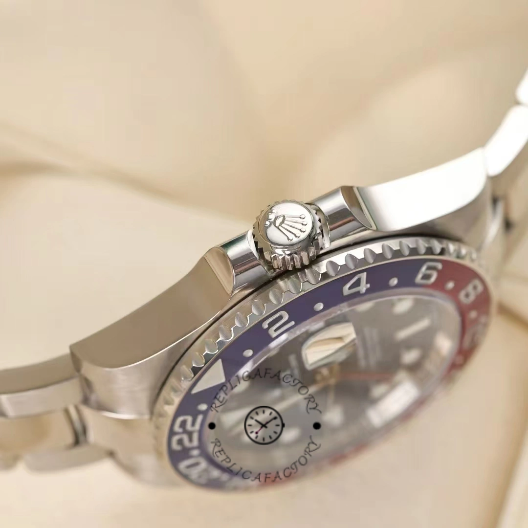 Side profile of Rolex GMT-Master II 126719BLRO showing crown and BLRO bezel edge.