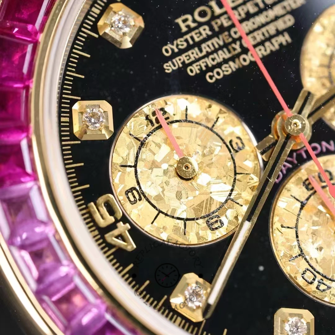 Macro view of Rolex Daytona 116598RBOW dial and bezel junction.