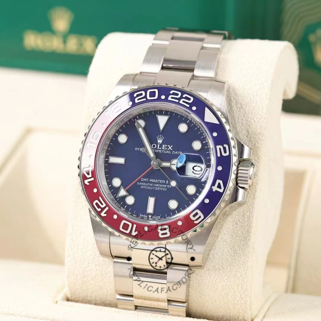 Angled front view of Rolex GMT-Master II 126719BLRO highlighting blue dial, BLRO bezel, and bracelet.