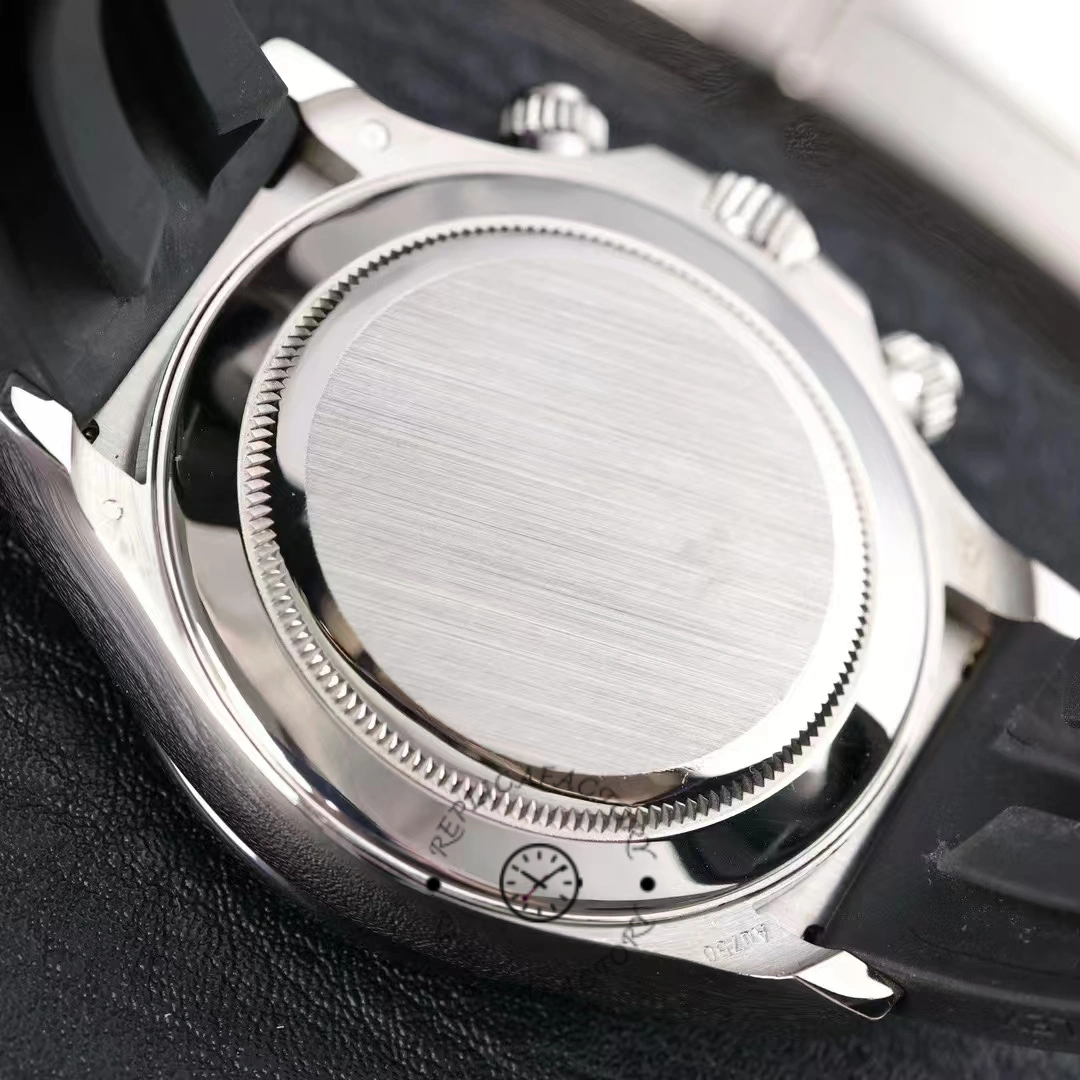 Rolex Daytona 116519 case back close-up, smooth back in white gold finish.