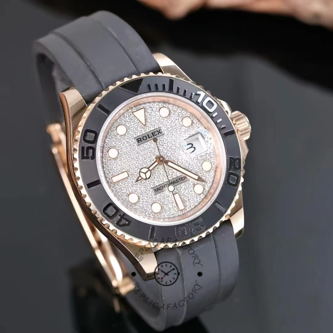 Rolex Yacht-Master 126655 front angle, pavé diamond dial and bezel, black Oysterflex strap.