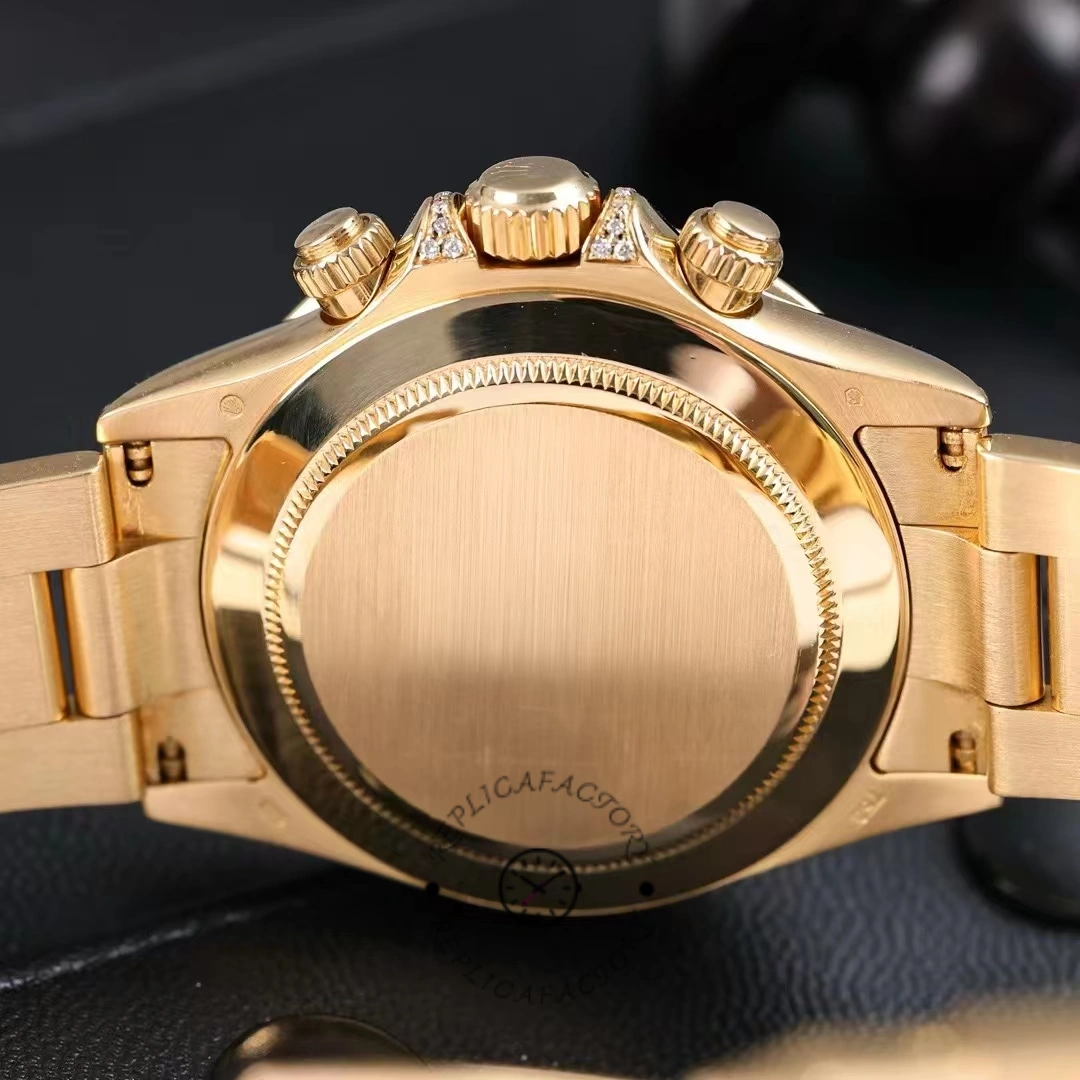 Case back view of Rolex Daytona 116598RBOW in solid yellow gold.