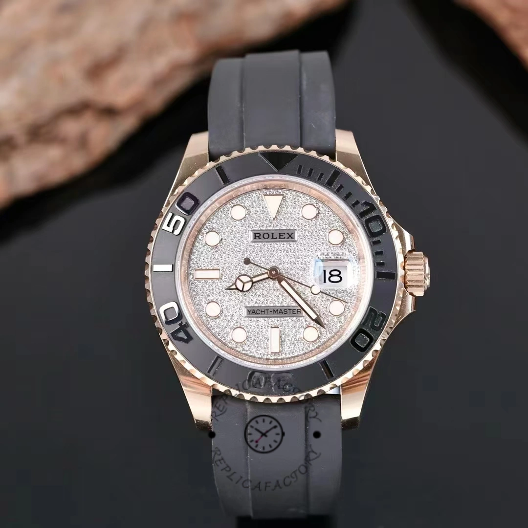 Rolex Yacht-Master 126655 on dark background, pavé diamond dial, Everose case, front view.