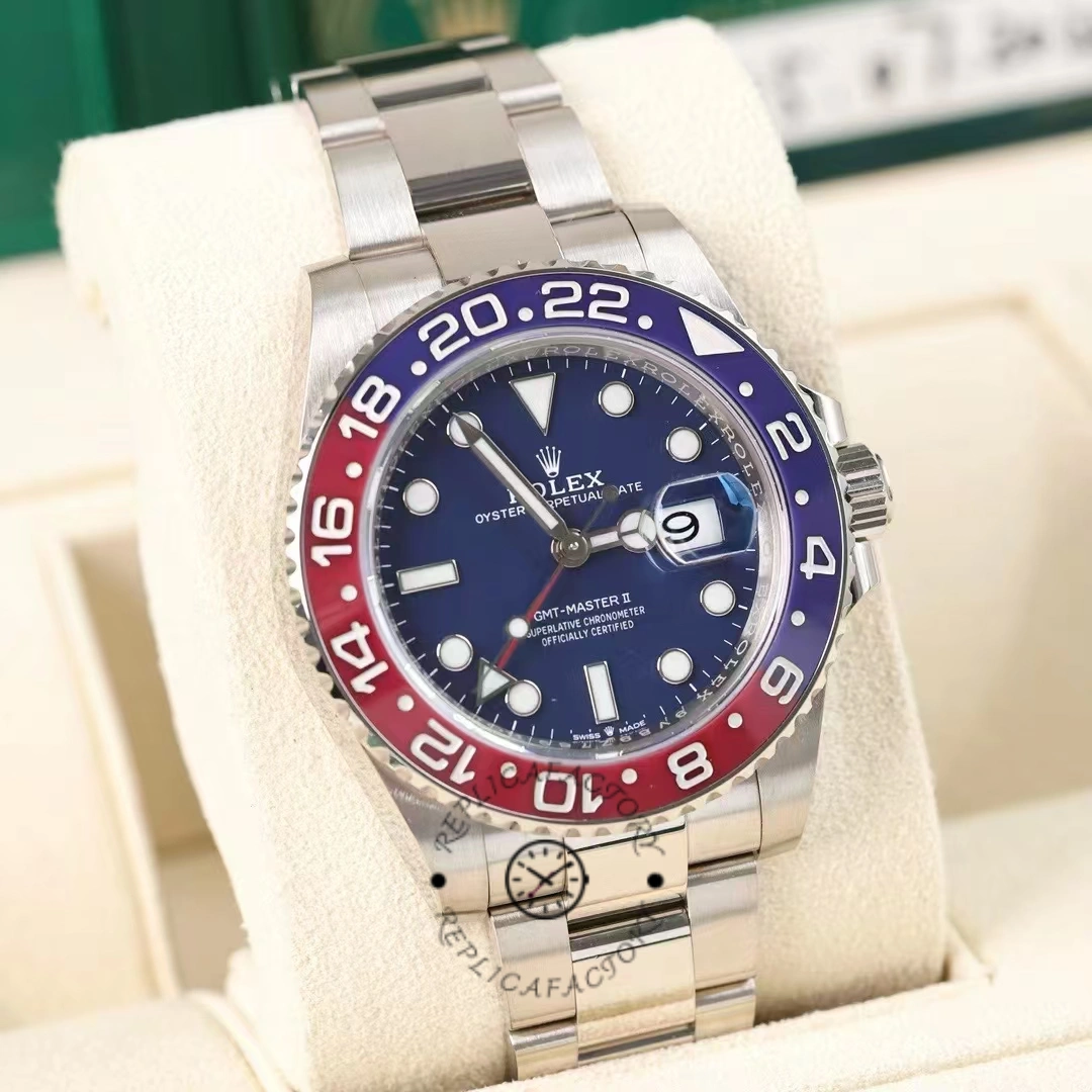 Close angled view of Rolex GMT-Master II 126719BLRO with blue dial and red-blue BLRO ceramic bezel.
