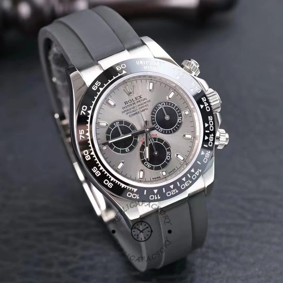 Rolex Daytona 116519 front view on pad, grey dial, black strap and case lugs.