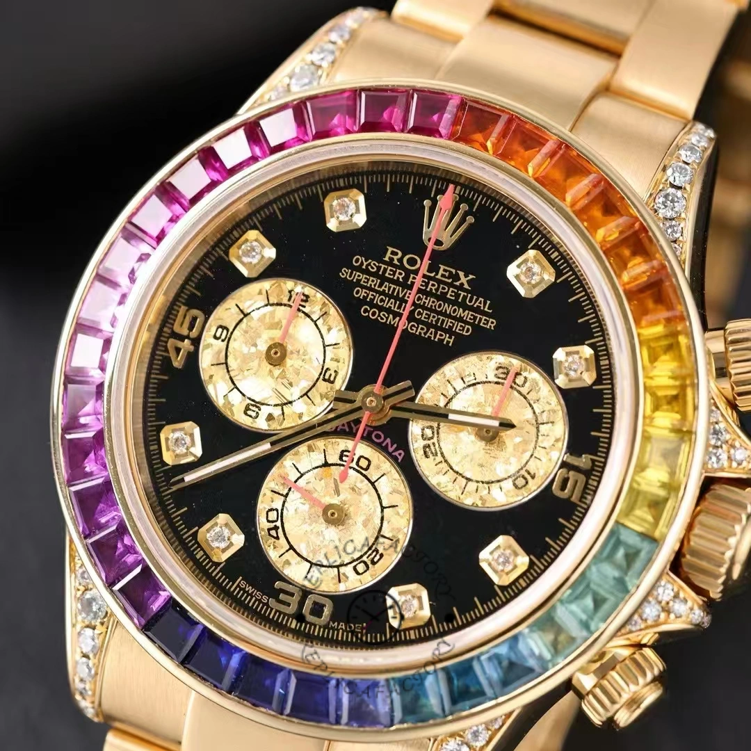 Detailed bezel shot of Rolex Daytona 116598RBOW with multicolor sapphire gemstones.