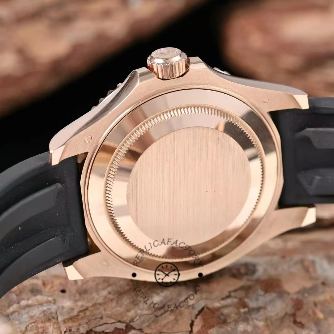 Rolex Yacht-Master 126655 case back close-up, Everose back and Oysterflex strap connection.