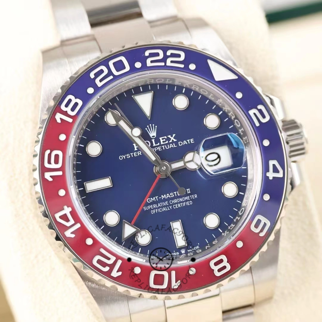 Macro dial shot of Rolex GMT-Master II 126719BLRO showing hands, date window, and BLRO bezel numbers.
