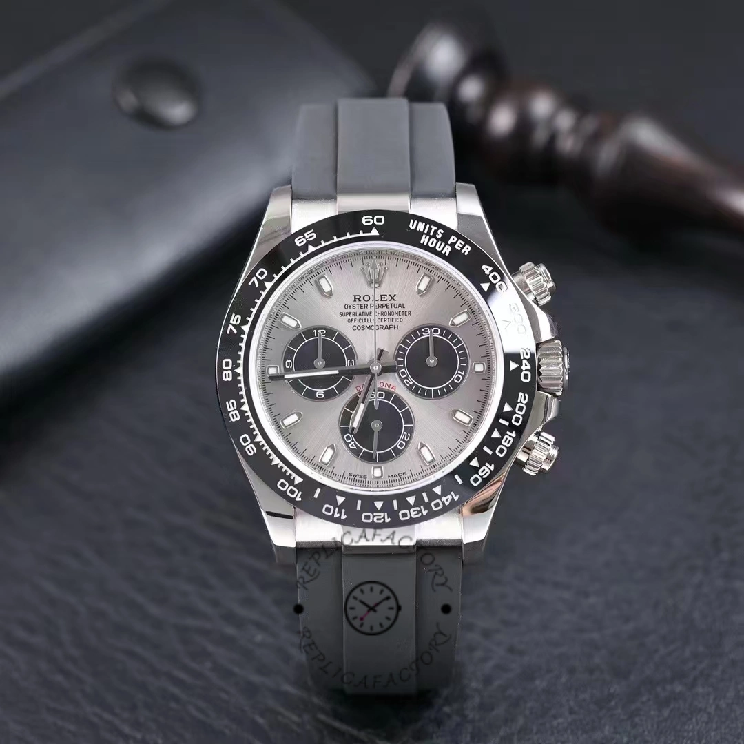 Rolex Daytona 116519 on black surface, full watch view, grey dial and bezel.