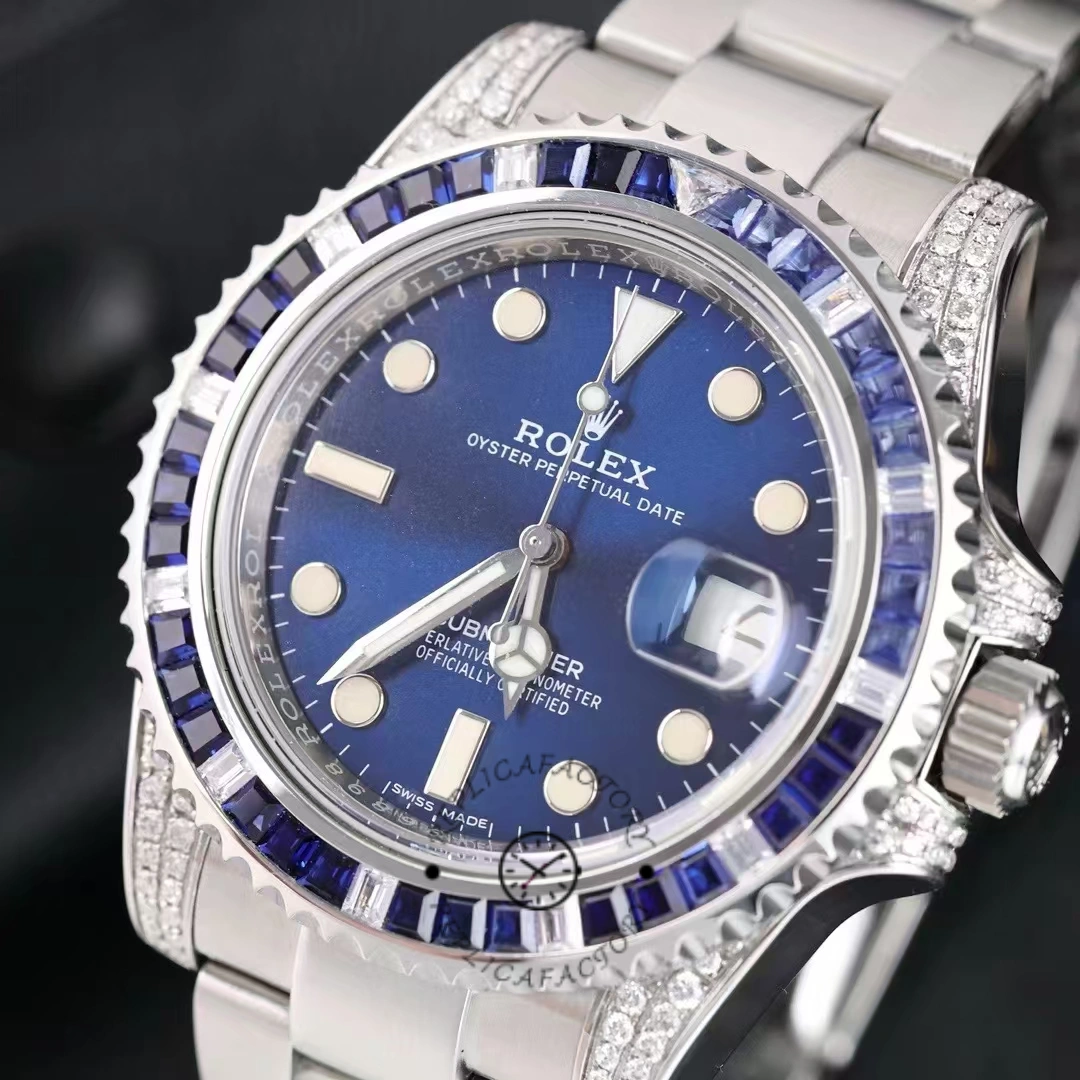 Close-up of the Rolex Submariner Date 116610LN blue dial and diamond-set bezel.