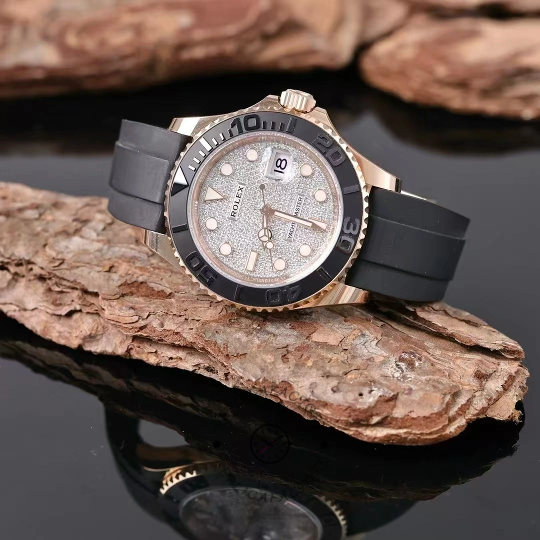 Rolex Yacht-Master 126655 on rock prop, pavé diamond dial, Everose case, full view.