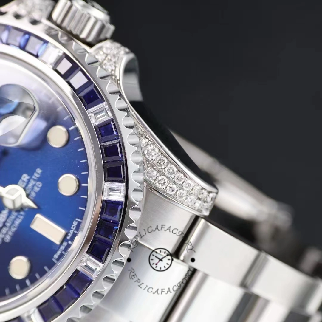 Rolex Submariner Date 116610LN, diamond bezel detail with blue dial, macro view.