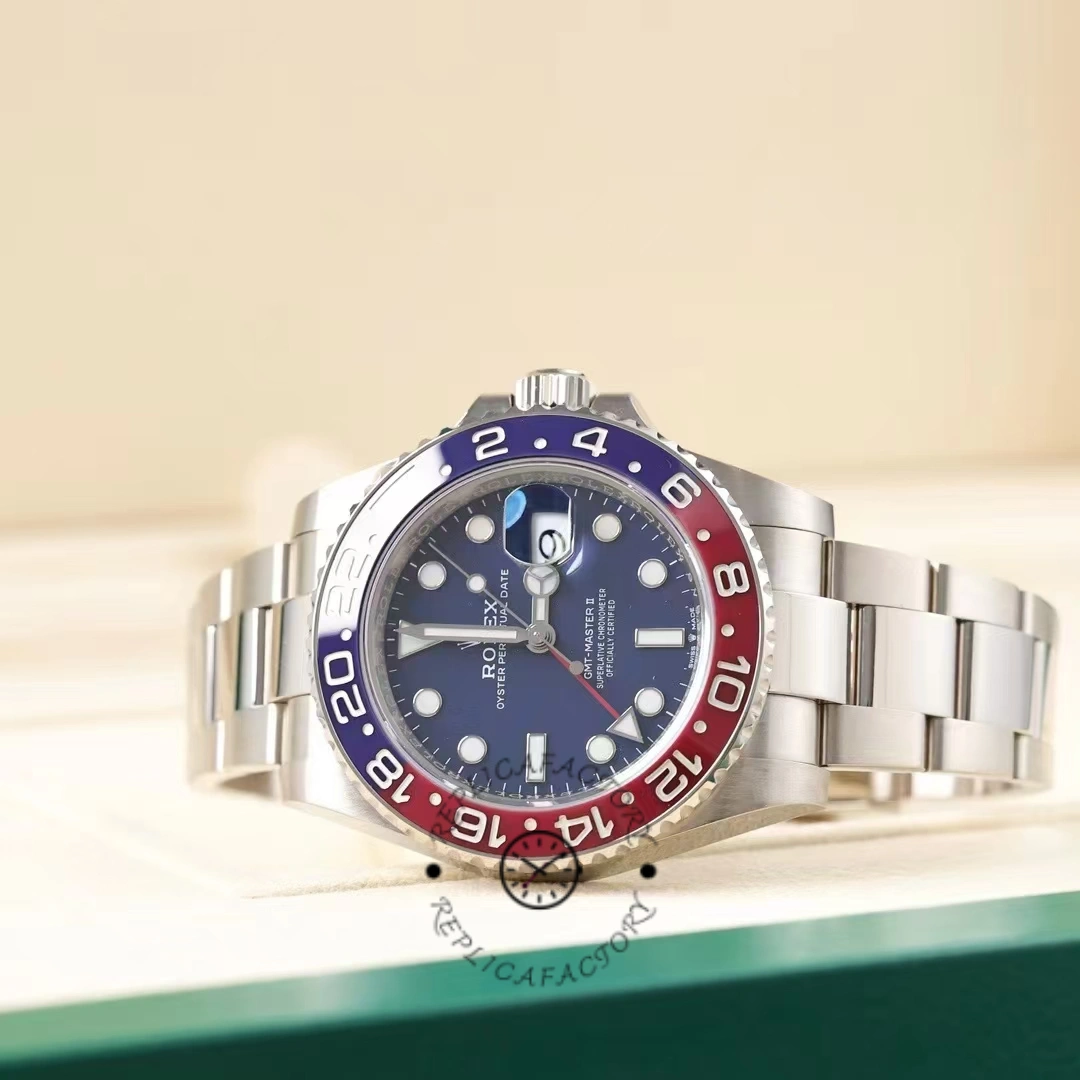 Rolex GMT-Master II 126719BLRO laid on cushion, full watch view from a distance.
