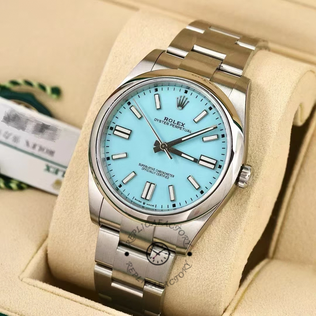 Rolex Oyster Perpetual 41 m124300 0006, angled box view showing dial and bezel.