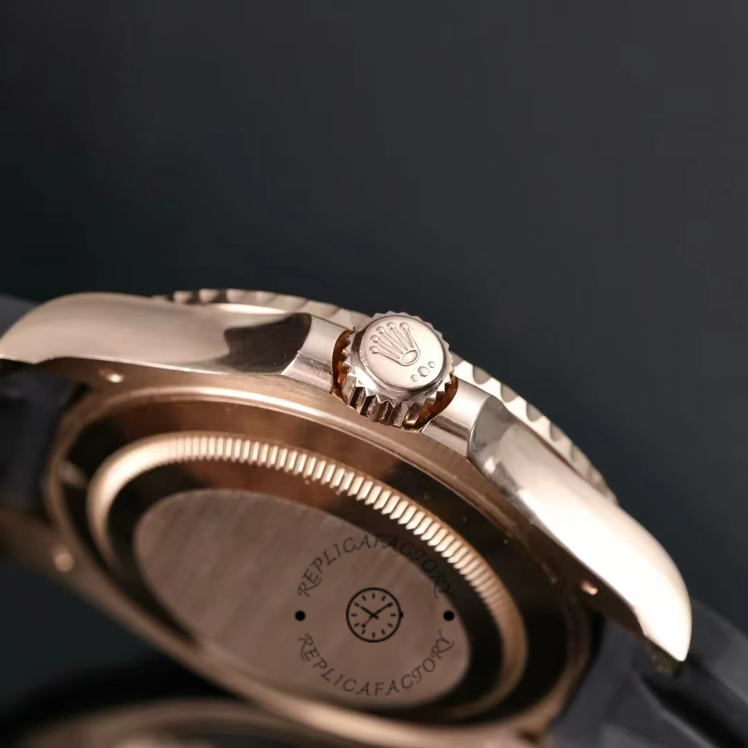 Rolex Yacht-Master 126655 crown-side close-up, Everose case profile and bezel edge detail.