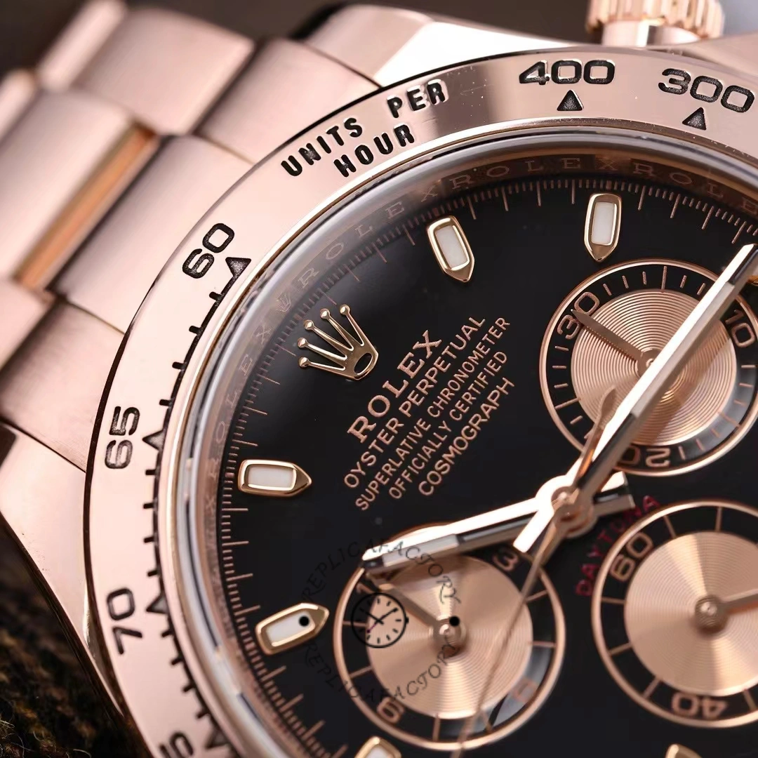 Macro shot of Rolex Daytona 116505 bezel and dial text, highlighting engraved tachymeter scale.